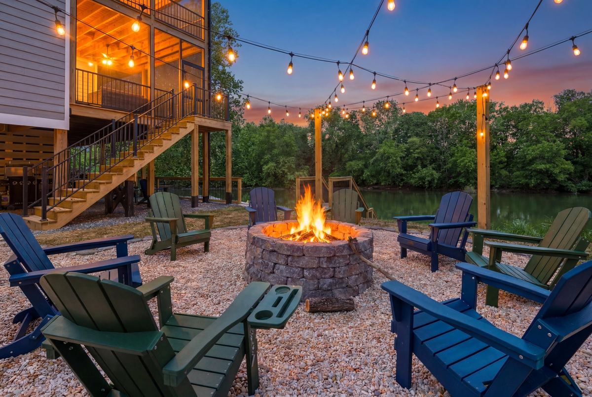 Fire pit under string lights beside the river